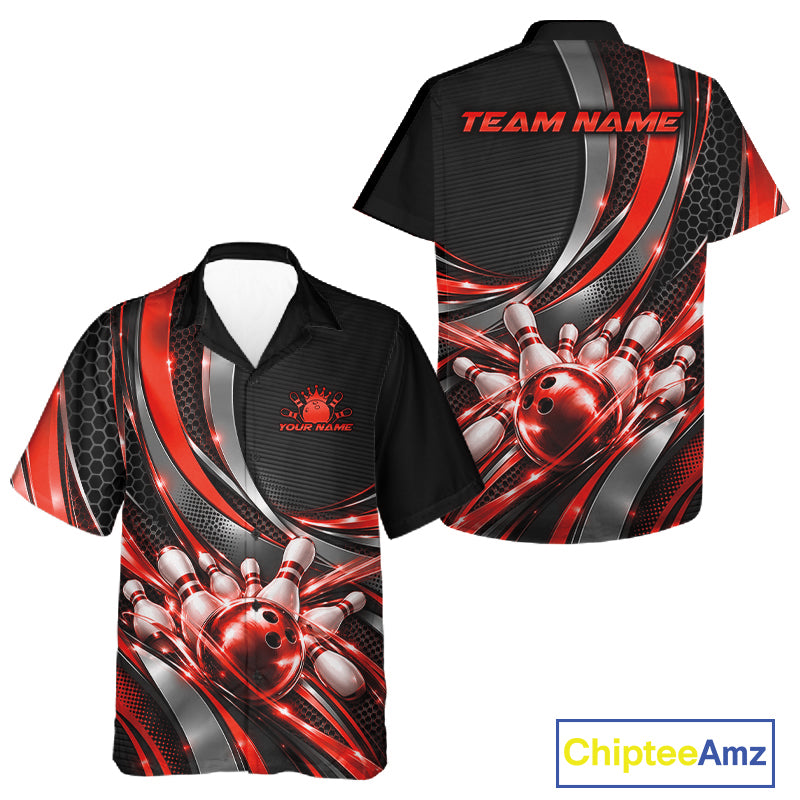 Custom Black And Red Tournament Team Button Up Shirt For Men And Women, Bowling Uniform IPHW12833