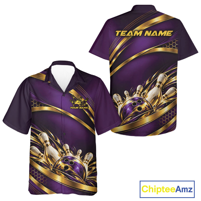 Custom Purple And Gold Bowling Team Button Up Shirt For Men And Women, Bowling Tournament Jersey IPHW12839