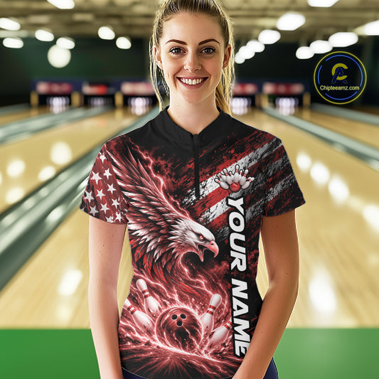 Custom Patriotic Red American Eagle Bowling Jersey, US Flag Bowling Women Quarter-Zip IPHW12376