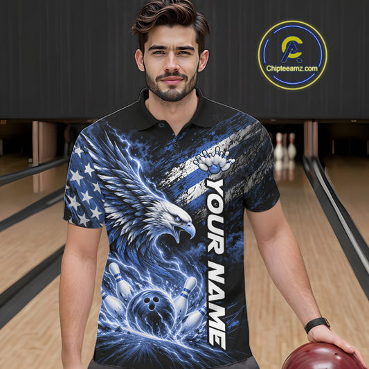 Custom Patriotic Blue American Eagle Bowling Jerseys, US Flag Bowling Men Polo Shirt IPHW12377
