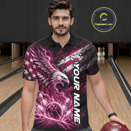 Custom Patriotic Pink American Eagle Bowling Jerseys, US Flag Bowling Men Polo Shirt IPHW12379