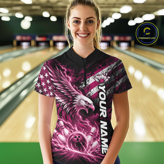 Custom Patriotic Pink American Eagle Bowling Jerseys, US Flag Bowling Women Quarter-Zip IPHW12379