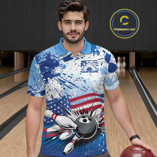Custom Blue Camo Patriotic Bowling Polo Shirts For Men, Bowling Team Uniform IPHW9595