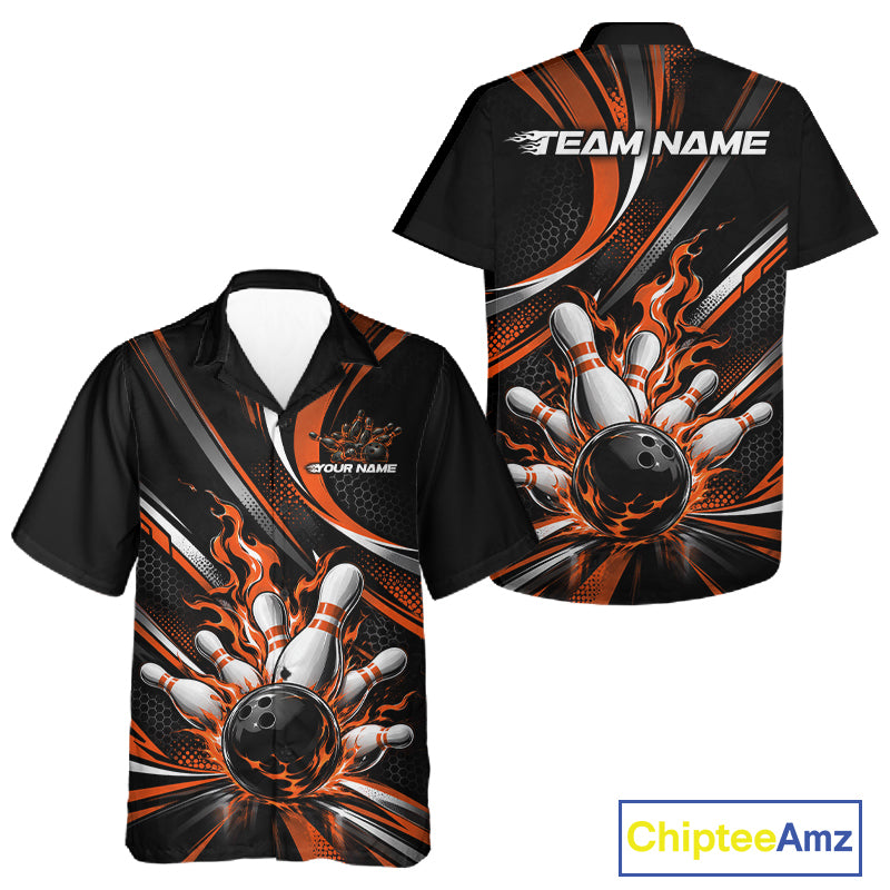 Custom Black And Orange Flame Bowling Team Men And Women Button Up Shirt, Bowling Tournament Jersey IPHW12853
