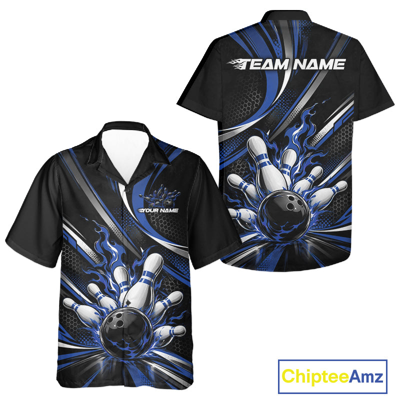 Custom Black And Blue Flame Bowling Team Men And Women Button Up Shirt, Bowling Tournament Jersey IPHW12854