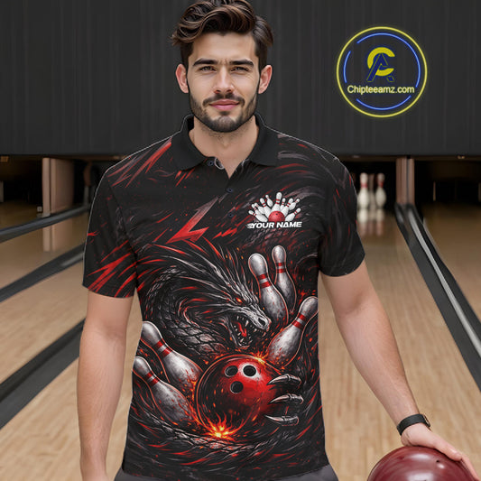 Custom Black And Red Dragon Bowling Jerseys, Dragon Bowling Team Men Polo Shirt IPHW10362