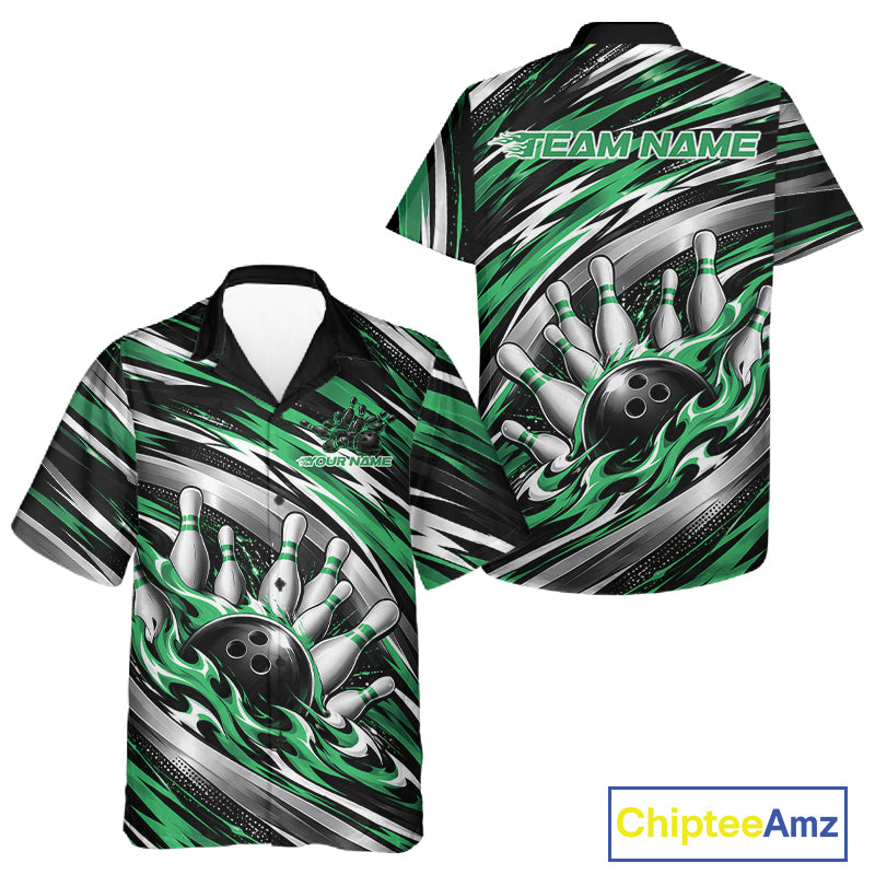 Custom Black And Green Flame Bowling Shirt For Men And Women, Bowling Team Jersey Button Up Shirt IPHW12411