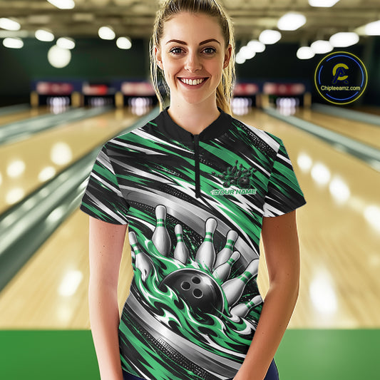 Custom Black And Green Flame Bowling Shirt For Women, Bowling Team Jersey Shirt IPHW12411