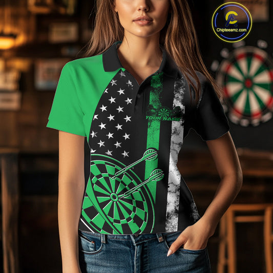 Custom Green Thin Line US Flag Patriotic Dartboard Women Polo Team Shirt, Dart Jersey IPHW9646