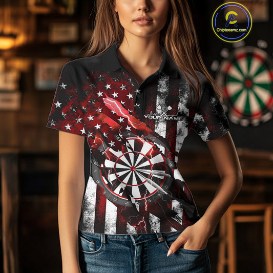 Custom Red Thunder Lightning Patriotic Dart Women Polo Shirts, Vintage Dart Jerseys IPHW9652