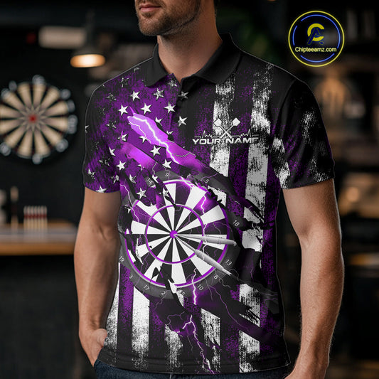 Custom Purple Thunder Lightning Patriotic Dart Men Polo Shirts, Vintage Dart Jerseys IPHW9653