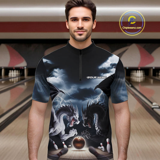 Custom Black And White Dragons Lightning Bowling Quarter-Zip Shirts For Men, Bowling League Shirt IPHW9820