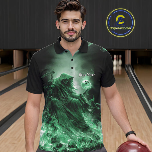 Custom Green Flame Grim Reaper Bowling Men Polo Shirts, Halloween Bowling Team Outfit IPHW9469