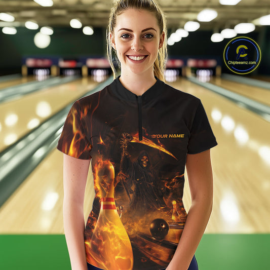 Custom Fire Flame Grim Reaper Bowling Women Quarter-Zip Shirts, Halloween Bowlers Outfit IPHW9711