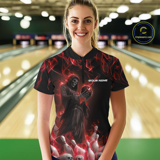 Custom Red Flame Grim Reaper Bowling Women Quarter-Zip Shirts, Halloween Bowling Outfit IPHW9730