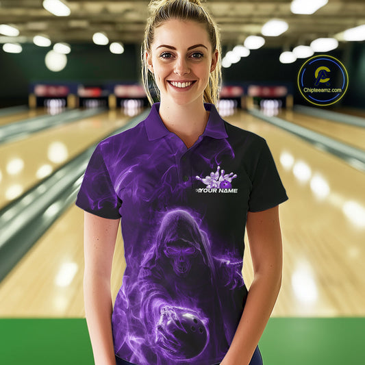 Custom Black And Purple Smoke Flame Grim Reaper Halloween Bowling Women Polo Shirts IPHW9740