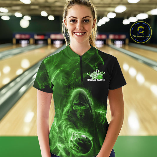 Custom Black And Green Smoke Flame Grim Reaper Halloween Bowling Women Quarter-Zip Shirts IPHW9741