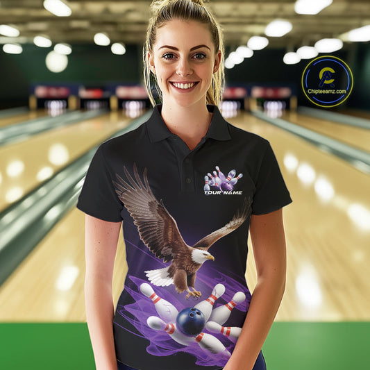 Custom Purple Flame Eagle Bowling Team Polo Shirts For Women, Bowling Tournament Shirt IPHW9369
