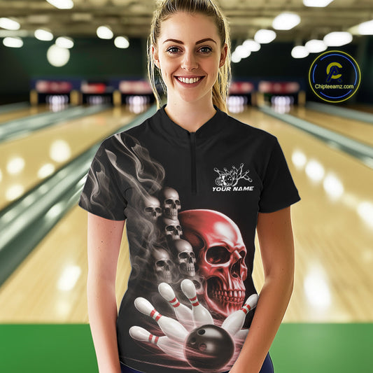 Custom Red Glowing Ghostly Skull Bowling Women Quarter-Zip Shirt, Halloween Outfit IPHW9516