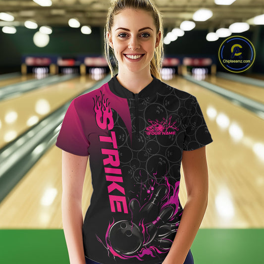 Custom Bowling Pattern Pink Flame Strike Bowling Team Women Quarter-Zip Shirts IPHW9417
