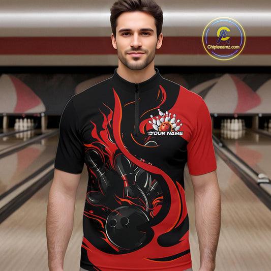 Custom Black And Red Flame Bowling Quarter-Zip Shirts For Men, Bowling Tournament Team Uniform IPHW9245