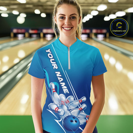 Custom Blue Bowling Pattern Bowling Team Women Quarter-Zip Shirts, Blue Bowling Jerseys IPHW9428