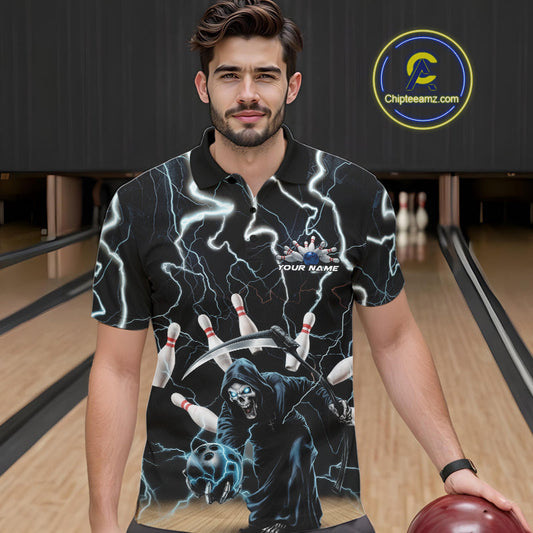 Custom Blue Thunder Lightning Grim Reaper Bowling Men Polo Shirt, Halloween Bowling Outfit IPHW9796