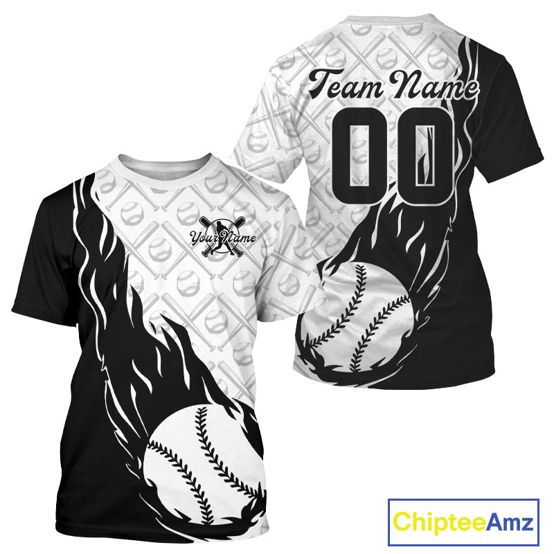 Custom Black And White Flame Baseball Team T-Shirts For Men, Baseball Lovers Team Uniform IPHW9589