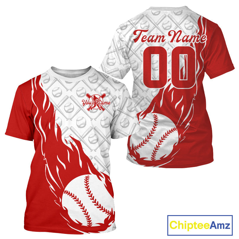 Custom Red Flame Baseball Team T-Shirts For Men, Baseball Lovers Team Uniform IPHW9590