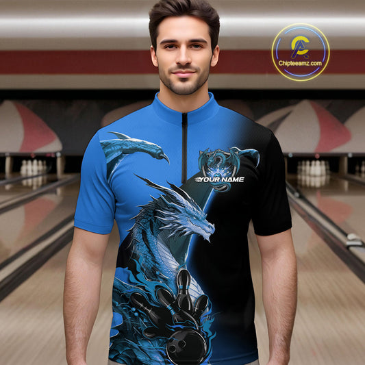 Custom Blue Dragon Flame Bowling Quarter-Zip Shirts For Men, Bowling Tournament Shirt IPHW9331