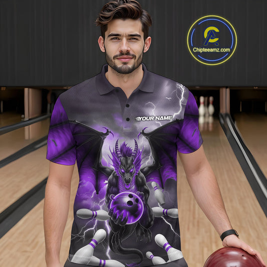Custom Purple Thunder Lightning Dragon Bowling Polo Shirts For Men, Team Uniform IPHW9104