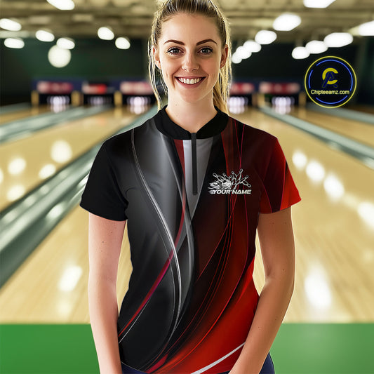 Custom Black And Red Dragon Bowling Quarter-Zip Shirts For Women, Dragon Bowling Jersey IPHW9342