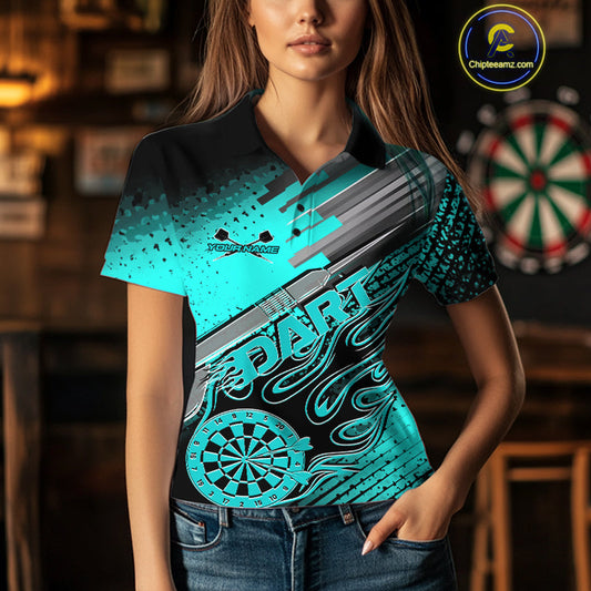 Custom Black And Turquoise Blue Flame Dartboard Dart Polo Shirts For Women, Dart Uniform IPHW9685