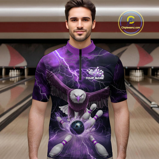 Custom Purple Thunder Lightning Eagle Bowling Quarter-Zip Shirts For Men, Eagle Bowling Jerseys IPHW9365