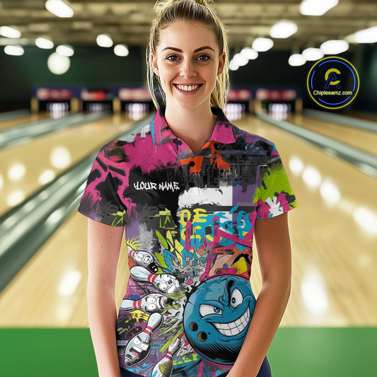 Custom Funny Graffity Colorful Bowling Polo Shirts For Women, Bowling Tournament Shirt IPHW9382