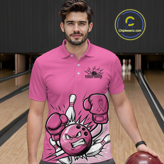 Custom Funny Pink Breast Cancer Bowling Men Polo Shirt, Breast Cancer Fighter Jerseys IPHW9395