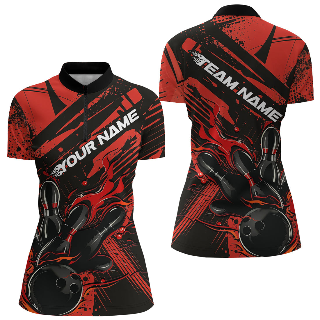 Custom Black And Red Flame Ladies Bowling Quarter-Zip Shirts, Bowling Team Shirt IPHW8243