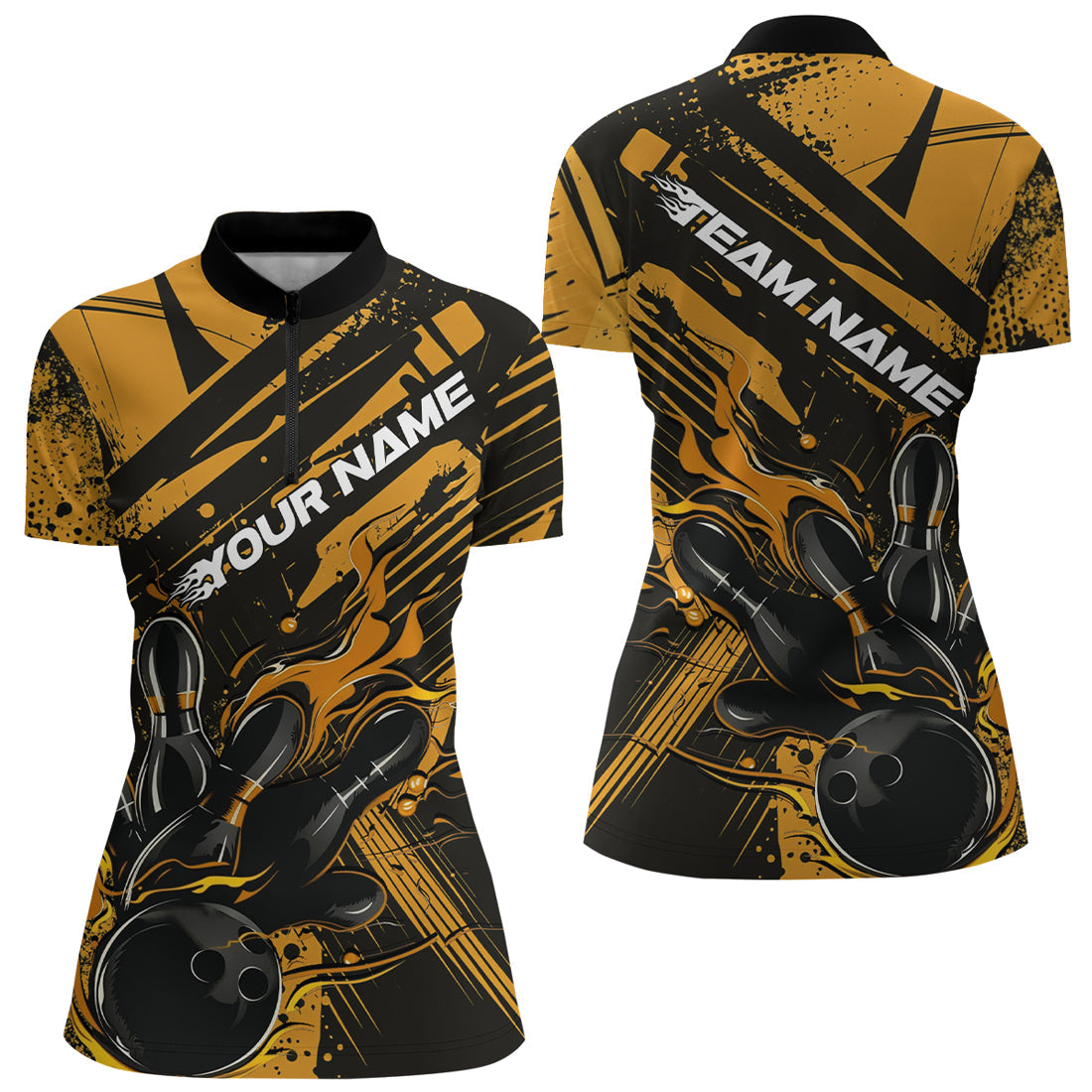 Custom Black And Gold Flame Bowling Quarter-Zip Shirts For Women, Bowling Team Shirts IPHW8245