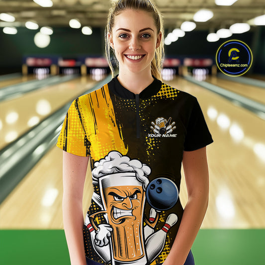 Custom Black And Yellow Funny Bowling And Beer Team Women Quarter-Zip Shirt IPHW9606