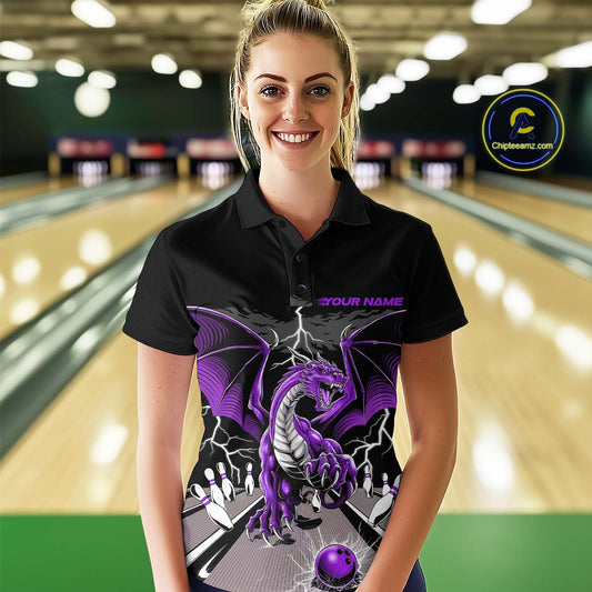Custom Purple Dragon On The Lane Bowling Polo Shirts For Women, Dragon Bowling Team Shirt IPHW9102