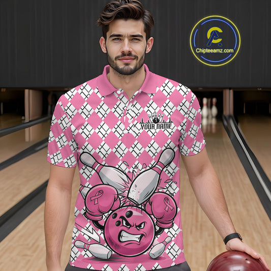 Custom Pink Argyle Pattern Funny Breast Cancer Fighter Bowling Polo Shirts For Men IPHW9396