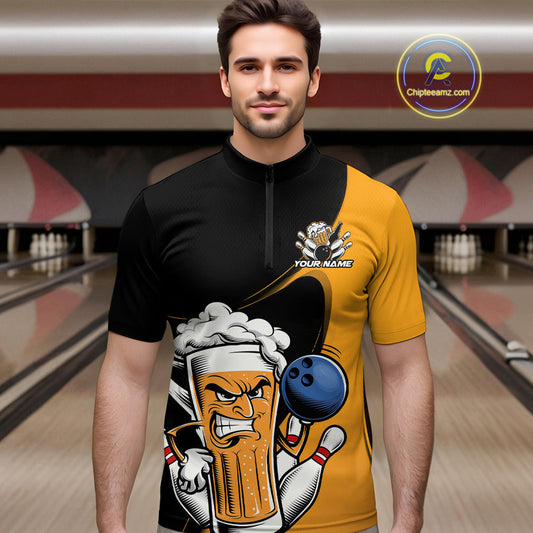 Custom Funny Black And Yellow Bowling And Beer Quarter-Zip Shirts For Men, Bowling League Shirt IPHW9609