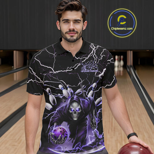 Custom Black And Purple Lightning Grim Reaper Bowling Men Polo Shirt, Halloween Outfit IPHW9803