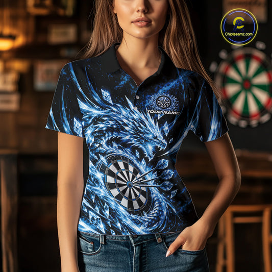 Custom Icy Blue Cyrstal Ice Dragon Dart Team Polo Shirt For Women, Dart Player Jersey IPHW12455