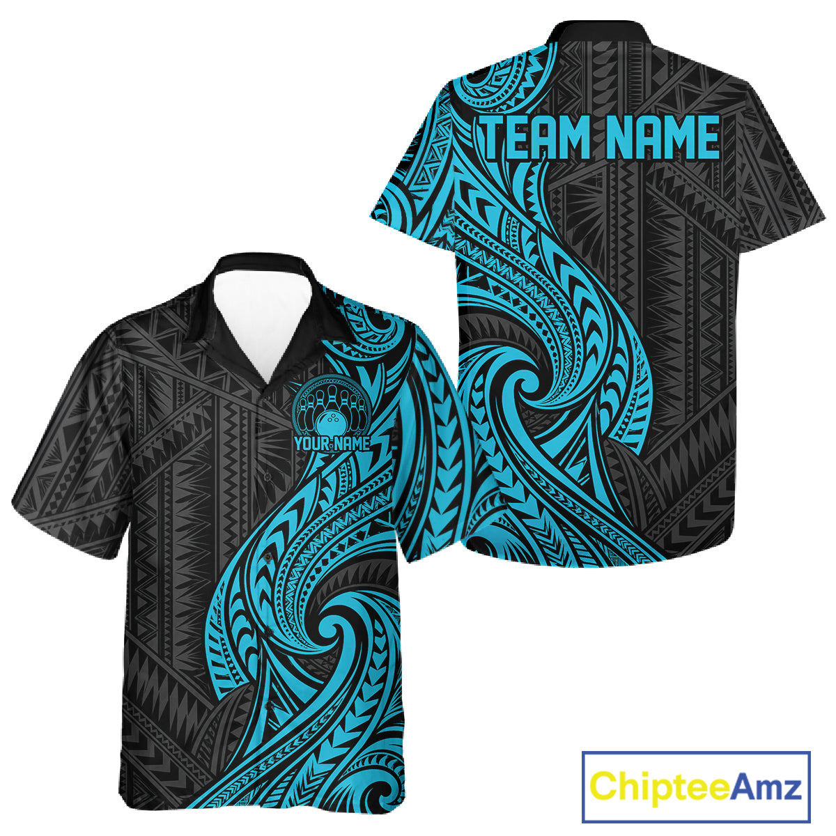Custom Black And Turquoise Tribal Bowling Men And Women Button Up Shirt, Bowling Team League Shirt IPHW12486