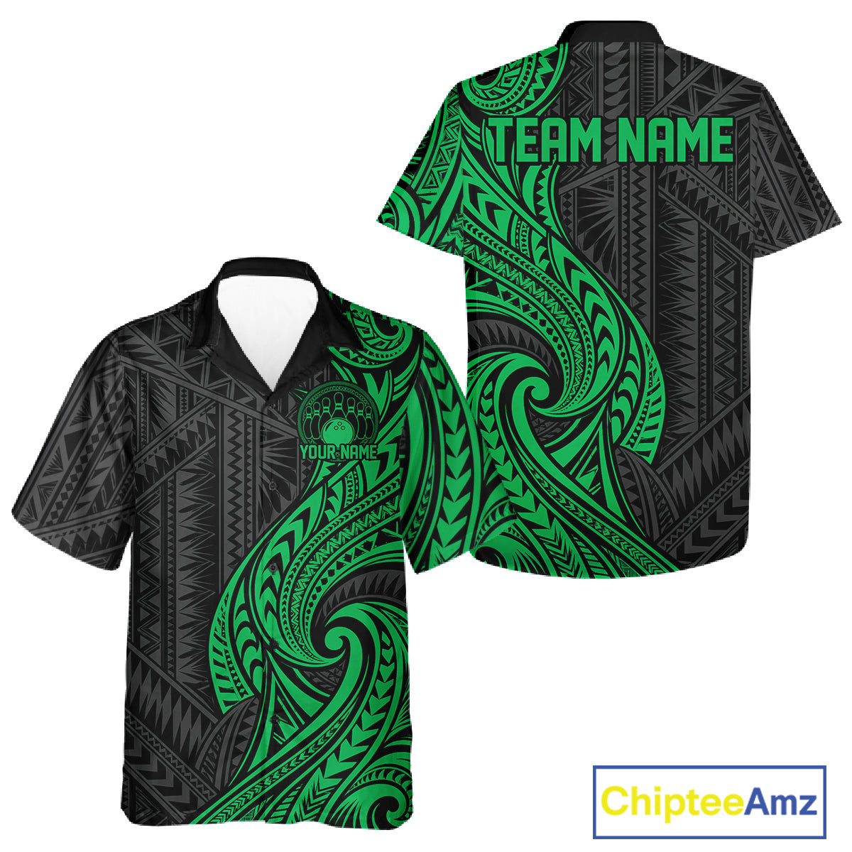 Custom Black And Green Tribal Bowling Men And Women Button Up Shirt, Bowling Team League Shirt IPHW12489