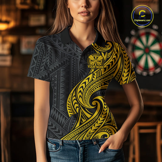 Custom Black And Gold Tribal Dart Women Polo Shirt, Dart Team League Shirt IPHW12493