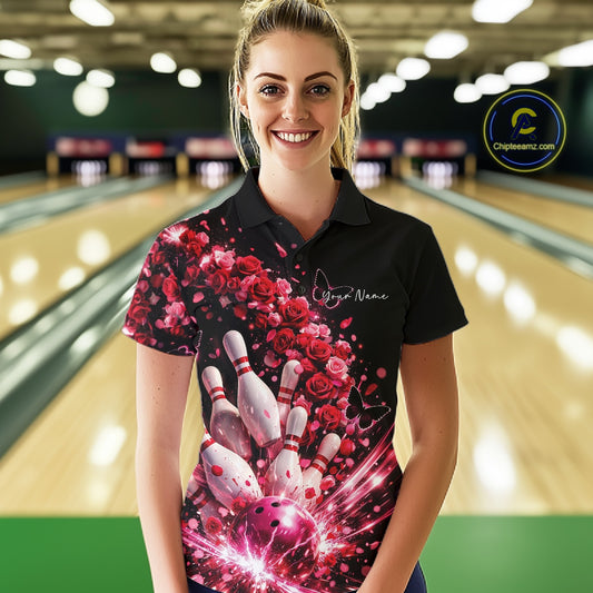 Custom Red Roses And Butterfly Women Bowling Shirt, Flower Ladies Bowling League Shirt IPHW10884