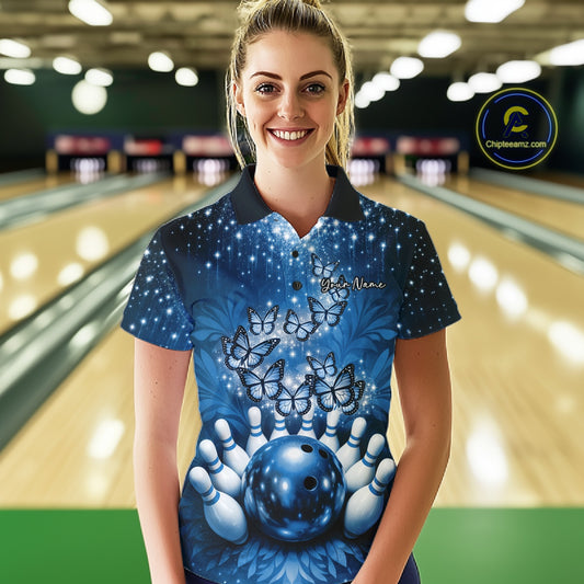 Custom Blue Buttefly Ladies Bowling Team Shirt, Women Bowling Polo Shirt IPHW10920