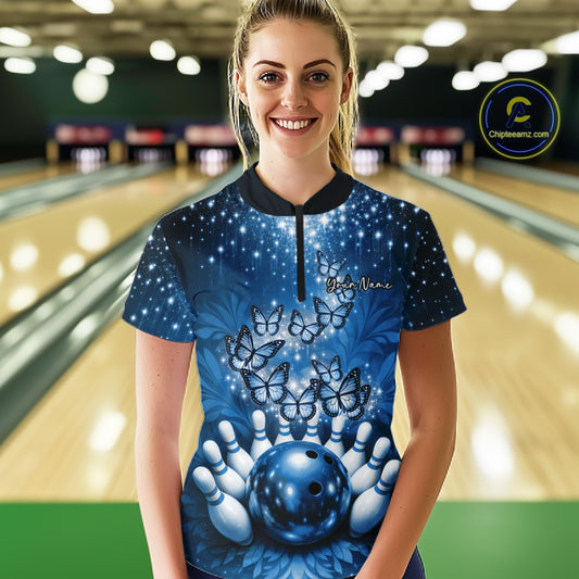 Custom Blue Buttefly Ladies Bowling Team Shirt, Women Bowling Quarter-Zip Shirt IPHW10920